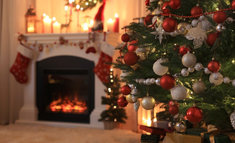 Christmas tree and fireplace.