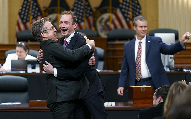 Rep.-elect Andy Ogles (R-Tenn.) embraces Rep.-elect Max Miller (R-Ohio)