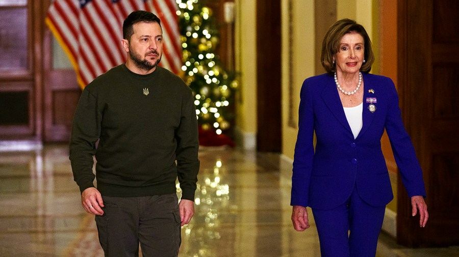 Ukrainian President Volodymyr Zelensky speaks alongside Speaker Nancy Pelosi (D-Calif.)