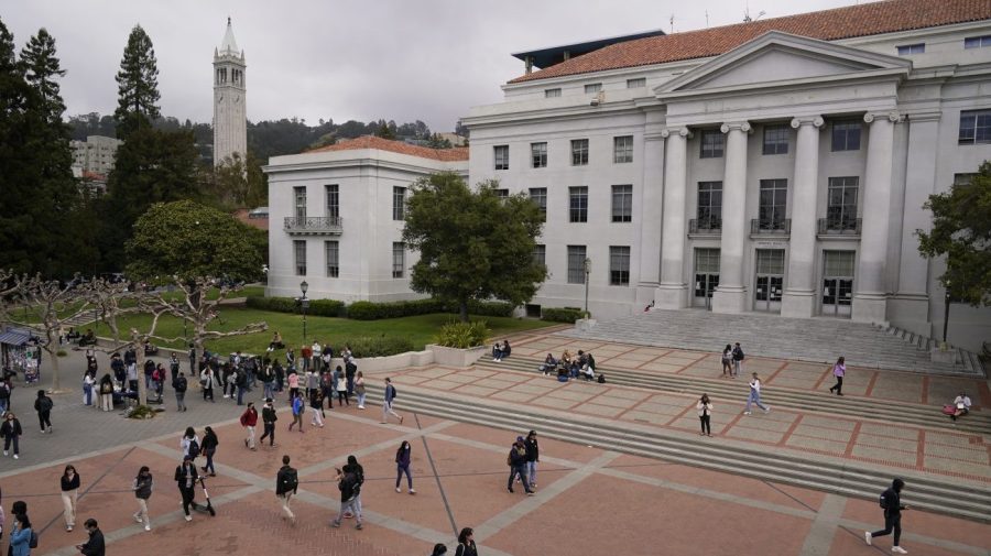 FILE - Students walk through Sproul Plaza on the University of California, Berkeley campus on March 29, 2022, in Berkeley, Calif. (AP Photo/Eric Risberg, File)