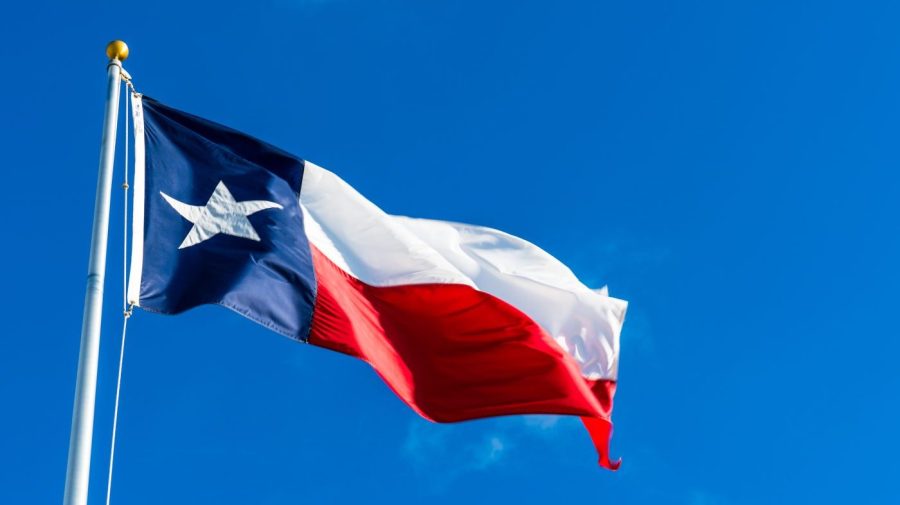 A Texas flag flies against a blue sky.