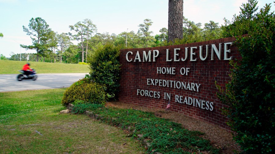 The main gate to Camp Lejeune Marine Base outside Jacksonville, N.C.