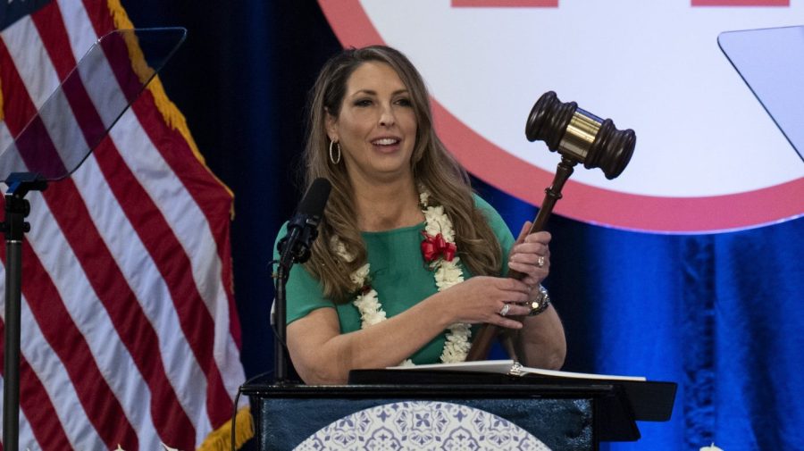 Ronna McDaniel holds up a gavel while speaking at a Republican National Committee meeting in 2023.