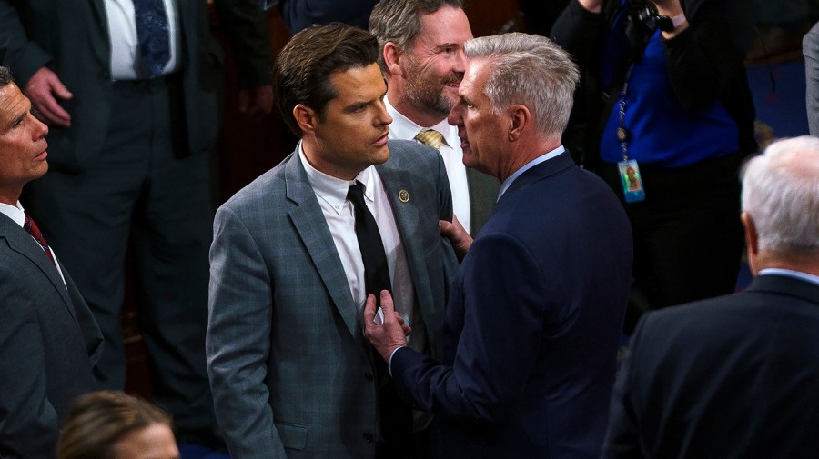 Rep. Matt Gaetz (R-Fla.) speaks with Rep. Kevin McCarthy (R-Calif.)