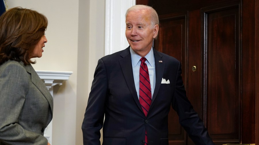 President Biden turns to Vice President Harris in the Roosevelt Room