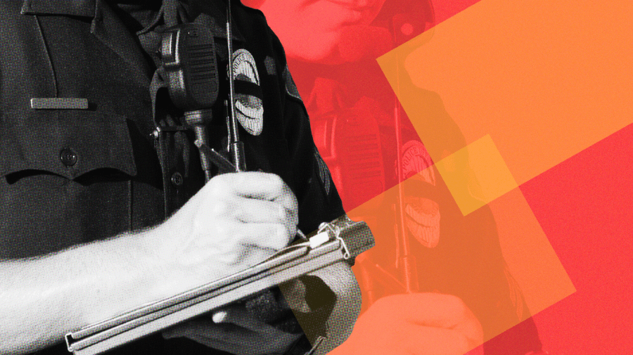 Photo illustration of a close-up of a police officer taking notes; the police officer is in black-and-white with a halftone texture. A slightly larger version of this police officer extends behind the original. The background is a reddish color with two orange blocks on the bottom left side of the photo hanging over each other.