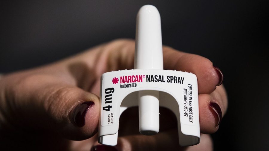 The overdose-reversal drug Narcan is displayed during training