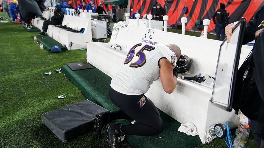 Baltimore Ravens guard Patrick Mekari reacts following an NFL wild-card game