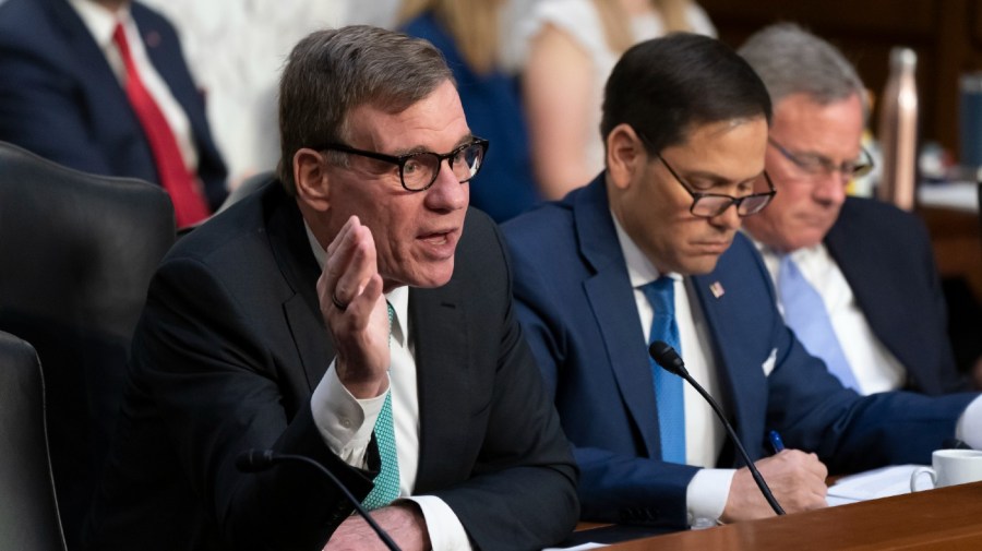 Senate Intelligence Committee leaders Mark Warner, D-Va., left, and Sen. Marco Rubio, R-Fla., hold a hearing on worldwide threats as Russia continues to attack Ukraine, at the Capitol in Washington, Thursday, March 10, 2022. (AP Photo/J. Scott Applewhite)