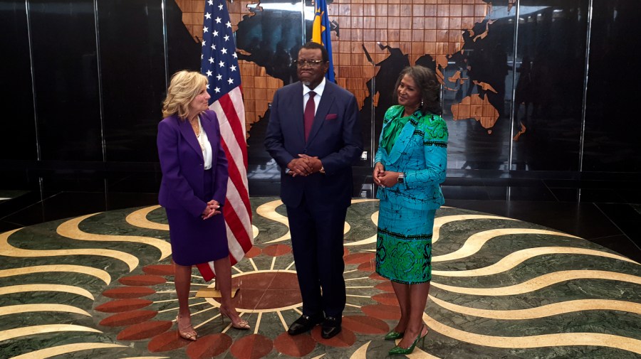 First lady Jill Biden, left, with Namibian President Hage Geingob, center, and Namibian first lady Monica Geingos