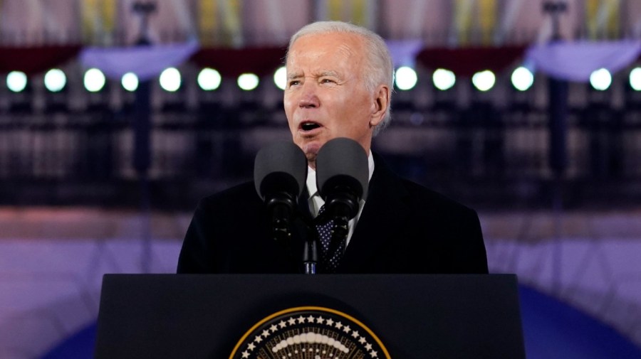 President Joe Biden delivers a speech marking the one-year anniversary of the Russian invasion of Ukraine, Tuesday, Feb. 21, 2023, at the Royal Castle Gardens in Warsaw.