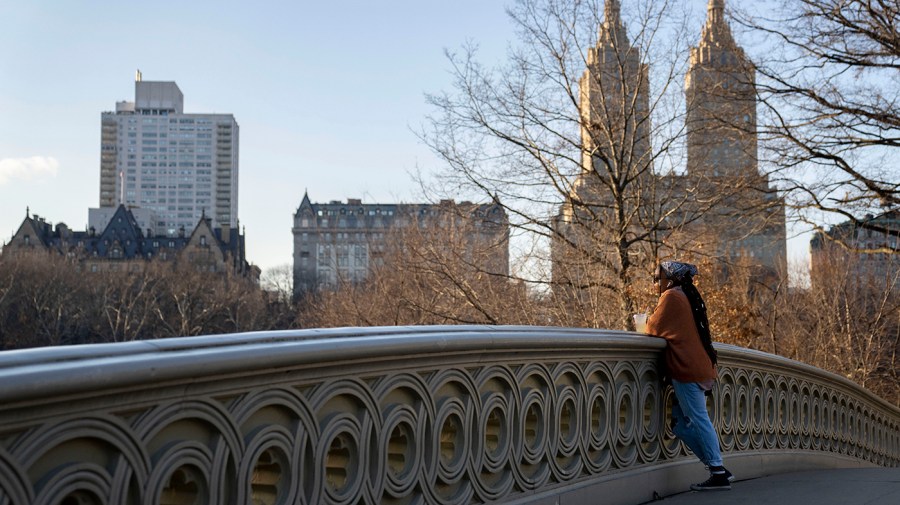 A visitor basks in the sunlight on a bridge in Central Park in New York City.