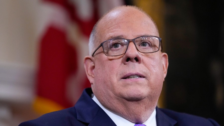 File - Maryland Gov. Larry Hogan addresses supporters after giving his farewell speech at the Maryland statehouse, Tuesday, Jan. 10, 2023, in Annapolis, Md.