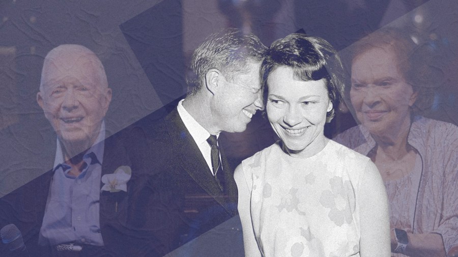 Photo illustration of former President Jimmy Carter, far left (faded, in old age) and center left (yellow-toned), and First Lady Rosalynn Carter, center right (yellow-toned) and far right (faded, in old age), on a light purple background overlaid with wedding scrapbook paper.