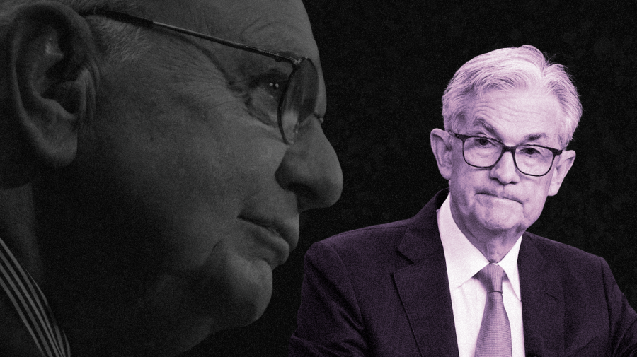 Photo illustration of a faded black and white, close-up of Paul Volcker on the lefthand side with a purple-toned Jerome Powell on the right on a black textured background.