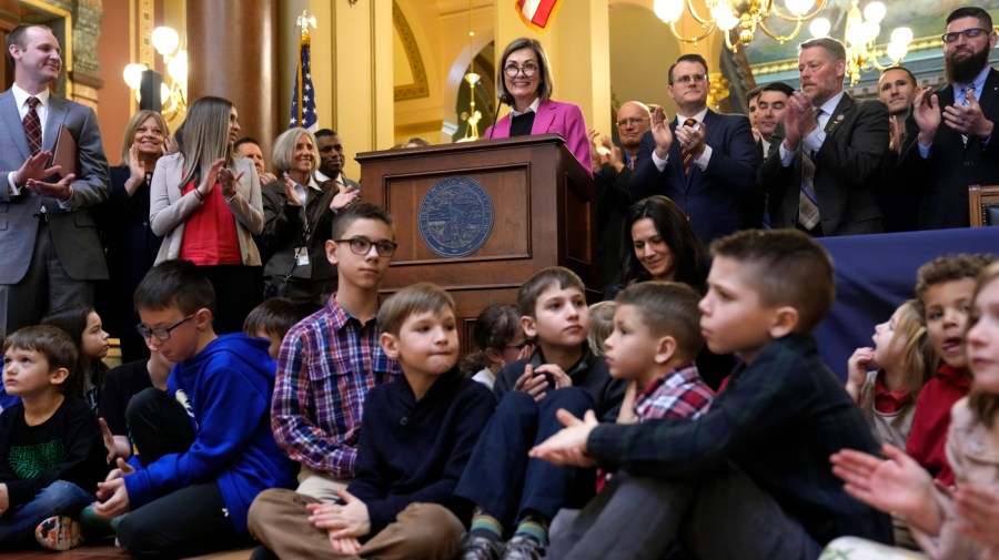 Iowa Gov. Kim Reynolds (R) speaks to supporters