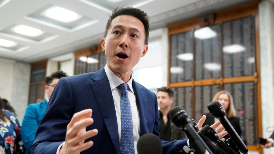 TikTok CEO Shou Zi Chew speaks to reporters before a hearing of the House Energy and Commerce Committee, on the platform's consumer privacy and data security practices and impact on children, Thursday, March 23, 2023, on Capitol Hill in Washington.