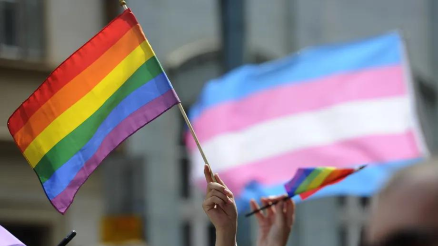 LGBTQ+ and transgender pride flags waving.