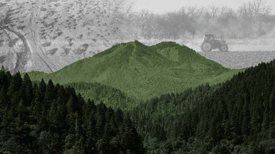 Photo illustration of California forest and mountains, center, green-toned with grayscaled/faded photos of land in drought (left) and a farmer irrigating a field in a tractor (left).