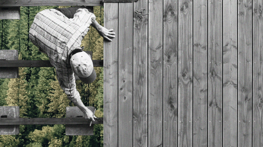 Photo illustration of construction worker working on wood paneling, in black and white and from above, with green-toned profile view of forest trees underneath spacing in the paneling.