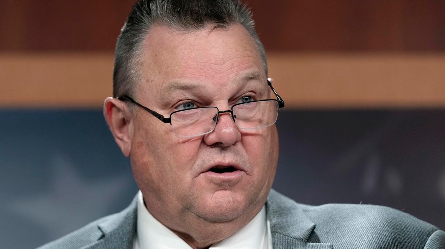 Sen. Jon Tester (D-Mont.) speaks about health care for post-9/11 toxic-exposed veterans, Tuesday, Feb., 1, 2022, on Capitol Hill in Washington.