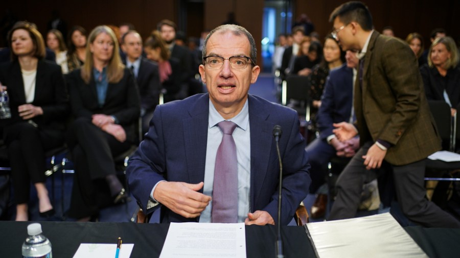 Moderna CEO Stéphane Bancel appears at a Senate hearing on COVID vaccine pricing on March 22, 2023.