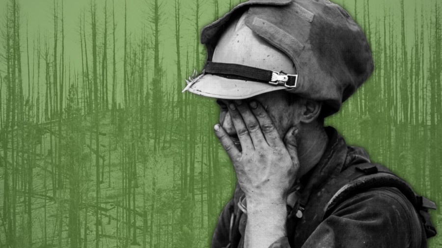 In the foreground, a firefighter is shown in black and white, wiping his eyes, over a green-tinted background of trees