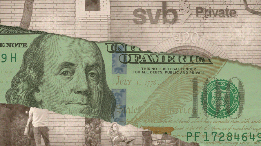 Photo illustration of customers outside of a Silicon Valley Bank location, sepia-toned, with a close-up of a torn $100 bill stretching across the middle of the image.