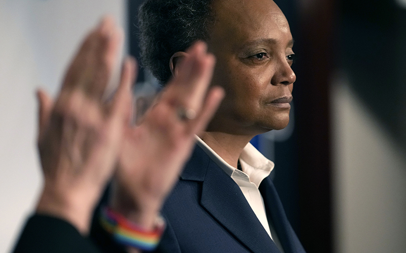 Chicago Mayor Lori Lightfoot pauses during her concession speech