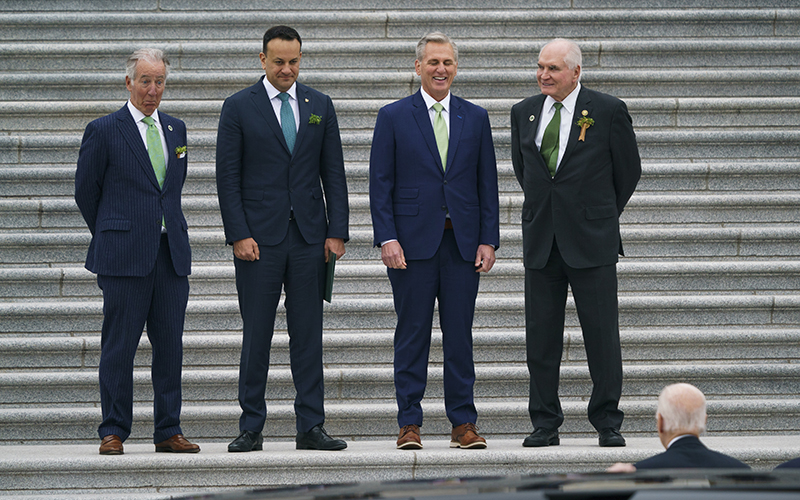 Rep. Richard Neal (D-Mass.), Irish Taoiseach Leo Varadkar, Speaker Kevin McCarthy (R-Calif.). and Rep. Mike Kelly (R-Pa.) greet President Biden as he arrives for the Friends of Ireland Luncheon