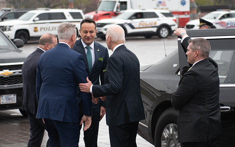 Speaker Kevin McCarthy (R-Calif.) and Taoiseach Leo Varadkar shakes hands with President Biden as he departs the Capitol following the annual Friends of Ireland Luncheon