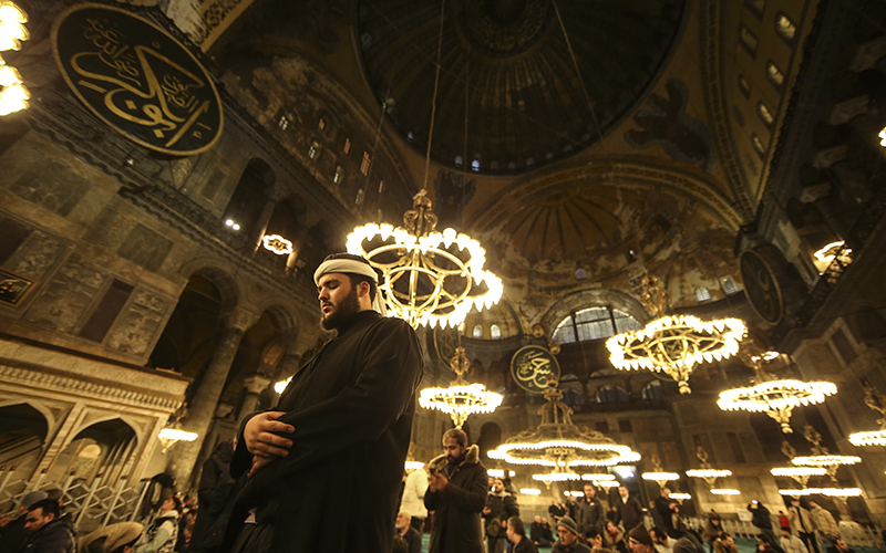 Muslim worshippers perform a night prayer called tarawih during the eve of the first day of the Muslim holy fasting month of Ramadan in Turkey