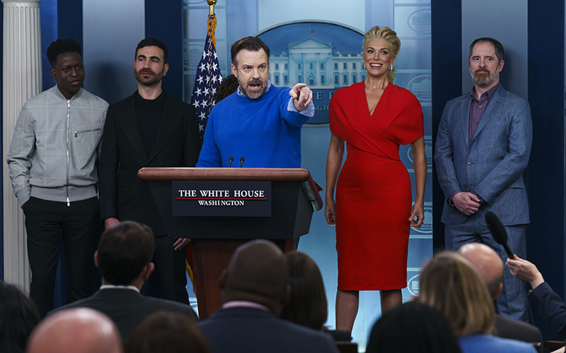 Actor Jason Sudeikis speaks during the daily briefing at the White House