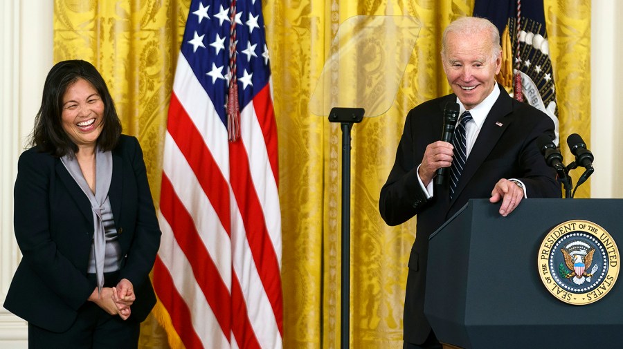 President Biden gives remarks during an event to introduce nominee to be Secretary of Labor Julie Su