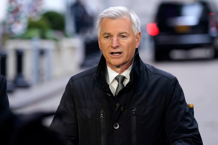 FILE - Robert Jordan, incoming Southwest Airlines CEO, is interviewed outside the New York Stock Exchange, Dec. 9, 2021. Southwest Airlines CEO Jordan’s compensation nearly doubled in 2022 to $5.3 million after being promoted to the top job during a year that ended with massive flight cancellations that will cost Southwest more than $1 billion. Southwest disclosed in a proxy filed Thursday, April 6, 2023, that the estimated value of Jordan’s compensation rose from $3 million in 2021, when he was executive vice president of the Dallas-based airline. (AP Photo/Richard Drew, File)