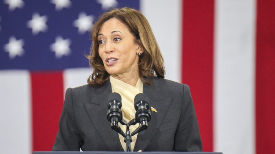 Vice President Kamala Harris speaks to the audience during her visit to the Qcells solar plant in Dalton, Ga. Thursday, April 6, 2023. (Olivia Ross/Chattanooga Times Free Press via AP)