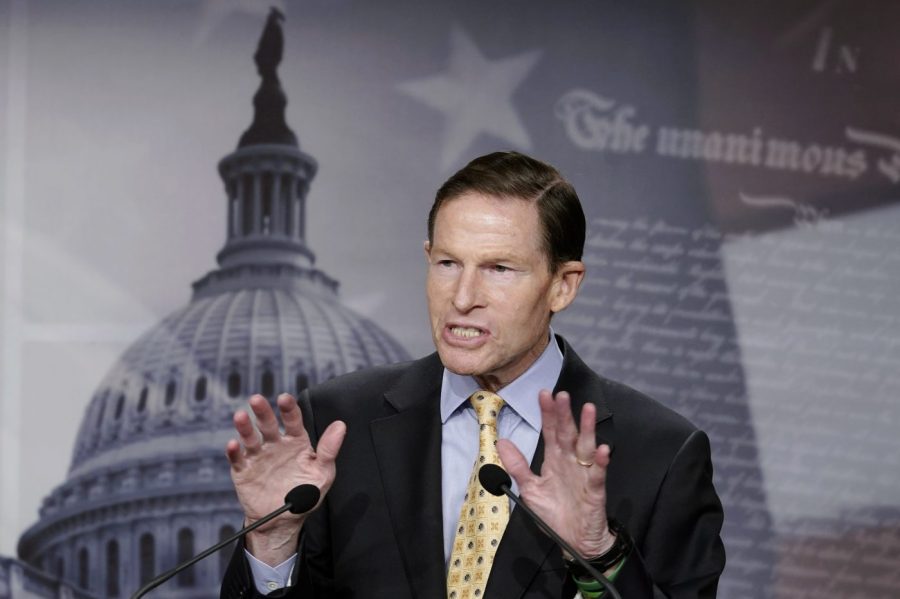 FILE - Sen. Richard Blumenthal, D-Conn., speaks during a news conference on Feb. 16, 2023, on Capitol Hill in Washington. Blumenthal said he expects to undergo surgery to repair a broken leg he suffered Saturday, April 8, during a victory parade for the University of Connecticut men's basketball team. The 77-year-old Democrat said he was awaiting “routine surgery” on his femur scheduled for Sunday, April 9 and expects a full recovery. (AP Photo/Mariam Zuhaib, File)