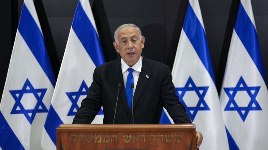 Israeli Prime Minister Benjamin Netanyahu speaks to the media during a press conference, in Tel Aviv, Israel, Monday, April 10, 2023. (AP Photo/Ohad Zwigenberg)