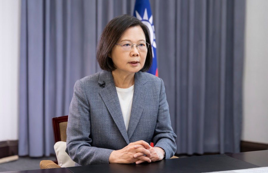 In this photo released by the Taiwan Presidential Office, Taiwan's President Tsai Ing-wen speaks about recent Chinese military drills in Taipei, Taiwan on Tuesday, April 11, 2023. Tsai has condemned China's military drills in the Taiwan Strait, saying Tuesday that China did not demonstrate the "responsible" behavior of a major Asian nation. (Taiwan Presidential Office via AP)