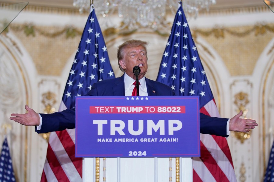 FILE - Former President Donald Trump speaks at his Mar-a-Lago estate on April 4, 2023, in Palm Beach, Fla., after being arraigned earlier in the day in New York City. After his initial court appearance in the New York case, the first of several in which he is in legal jeopardy, Trump ticked through the varied investigations he was facing and branded them as “massive” attempts to interfere with the 2024 election. (AP Photo/Evan Vucci, File)