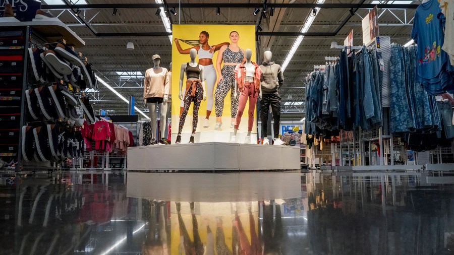 Clothes are displayed at the Walmart Supercenter in North Bergen, N.J., on Thursday, Feb. 9, 2023. On Friday, the Commerce Department releases U.S. retail sales data for March. In February, retail sales slipped 0.4% after jumping a revised 3.2% in January. (AP Photo/Eduardo Munoz Alvarez)