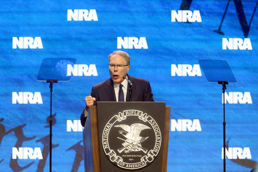 Wayne LaPierre, CEO and executive vice-president of the National Rifle Association, addresses the National Rifle Association Convention, Friday, April 14, 2023, in Indianapolis. (AP Photo/Darron Cummings)