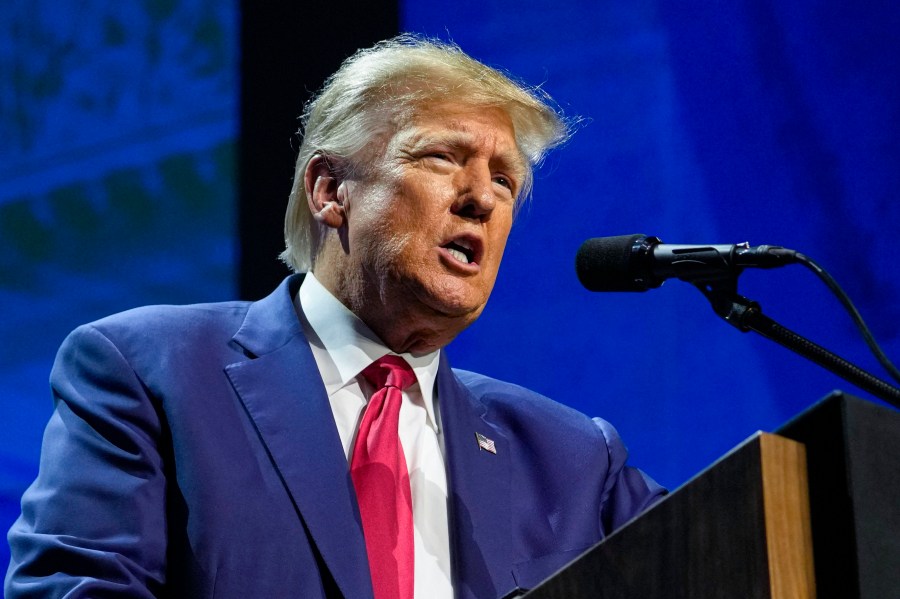 FILE - Former President Donald Trump speaks at the National Rifle Association Convention in Indianapolis, Friday, April 14, 2023. Trump has raised more than $34 million for his 2024 campaign since the start of the year, according to his campaign. (AP Photo/Michael Conroy, File)