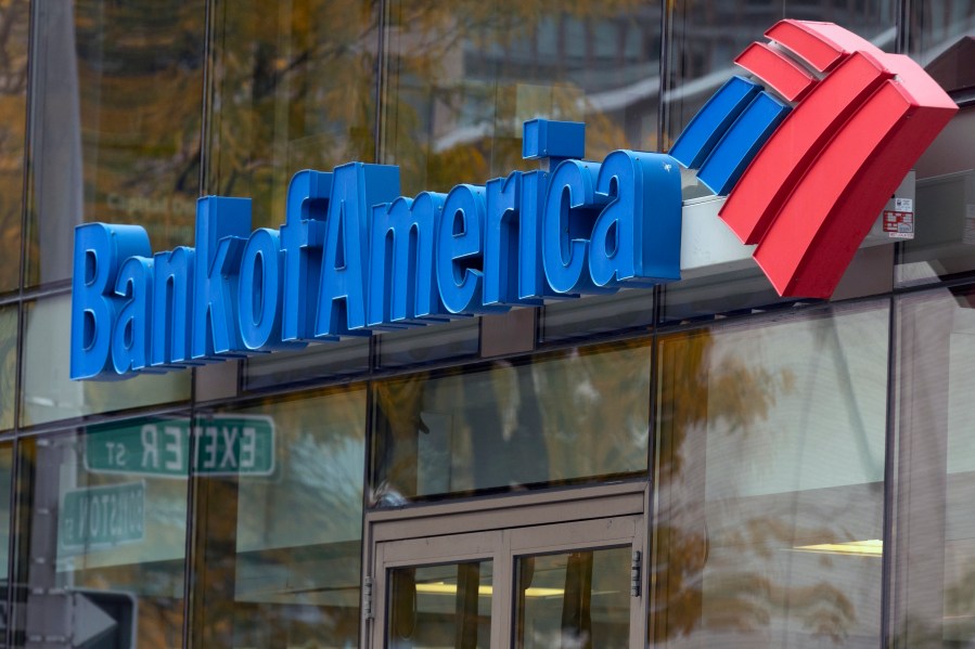 FILE - The Bank of America logo is seen on a branch office, Oct. 14, 2022, in Boston. The Bank of America reports earnings on Tuesday, April 18, 2023. (AP Photo/Michael Dwyer, File)