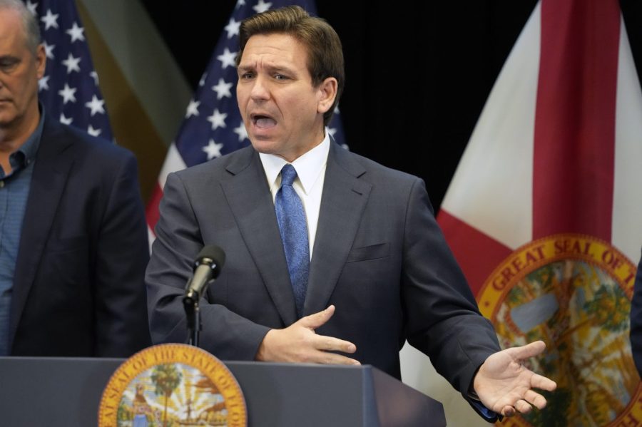 Florida Gov. Ron DeSantis speaks at a news conference at the Reedy Creek Administration Building, Monday, April 17, 2023, in Lake Buena Vista, Fla. (AP Photo/John Raoux)