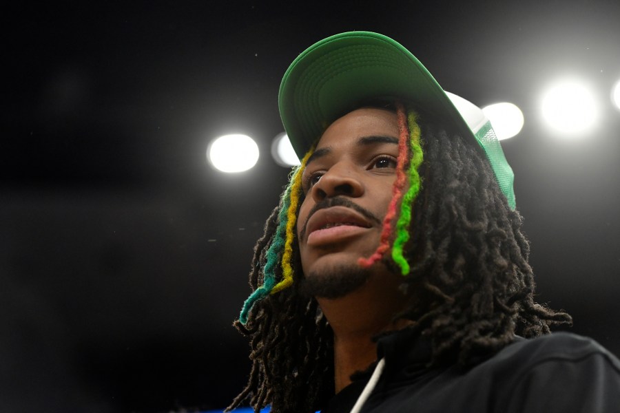 Memphis Grizzlies guard Ja Morant watches during Game 2 of the team's first-round NBA basketball playoff series against the Los Angeles Lakers on Wednesday, April 19, 2023, in Memphis, Tenn. (AP Photo/Brandon Dill)