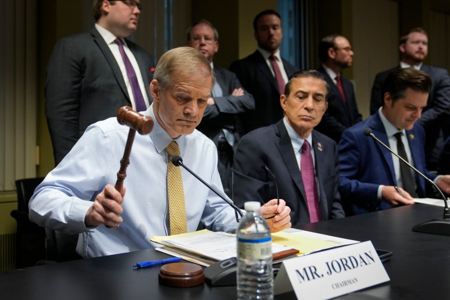 House Judiciary Committee Chair Jim Jordan, R-Ohio, gavels in a House Judiciary Committee Field Hearing, Monday, April 17, 2023, in New York. Republicans upset with Donald Trump's indictment are escalating their war on the prosecutor who charged him, trying to embarrass him on his home turf. (AP Photo/John Minchillo)