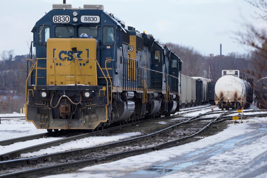 FILE - CSX locomotives sit at CSX North Framingham Yard, on Jan. 24, 2023, in Framingham, Mass. CSX reports earnings on Thursday, April 20, 2023.(AP Photo/Steven Senne, File)