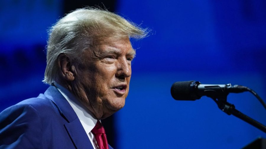 Former President Donald Trump speaks at the National Rifle Association Convention in Indianapolis, Friday, April 14, 2023. (AP Photo/Michael Conroy)