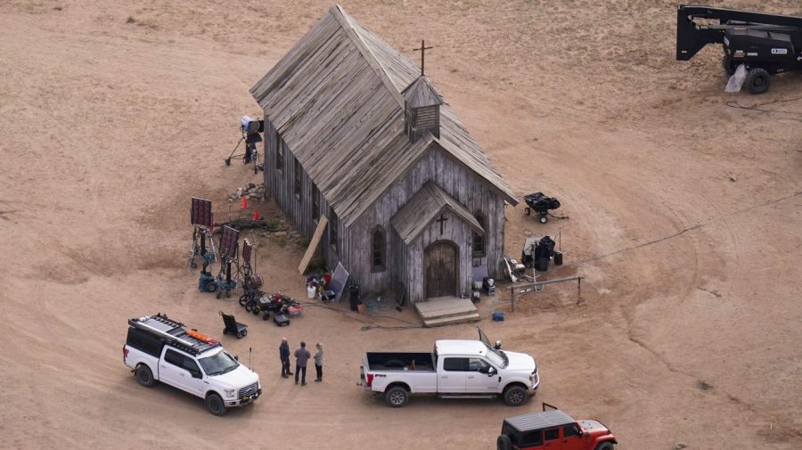 FILE - This aerial photo shows the movie set of "Rust" at Bonanza Creek Ranch in Santa Fe, N.M., on Saturday, Oct. 23, 2021. Prosecutors in New Mexico plan to drop an involuntary manslaughter charge against Alec Baldwin in the fatal 2021 shooting of a cinematographer on the set of the Western film “Rust.” Baldwin’s attorneys said in a statement Thursday that they are pleased with the decision to dismiss the case. (AP Photo/Jae C. Hong, File)